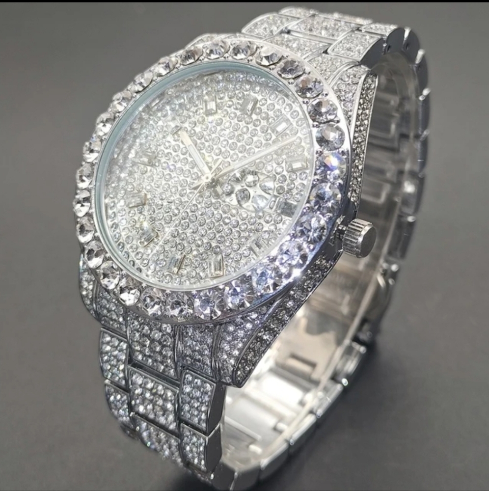 Men's Iced Out Full Bling Silverplated Simulated Diamond Quartz Watch